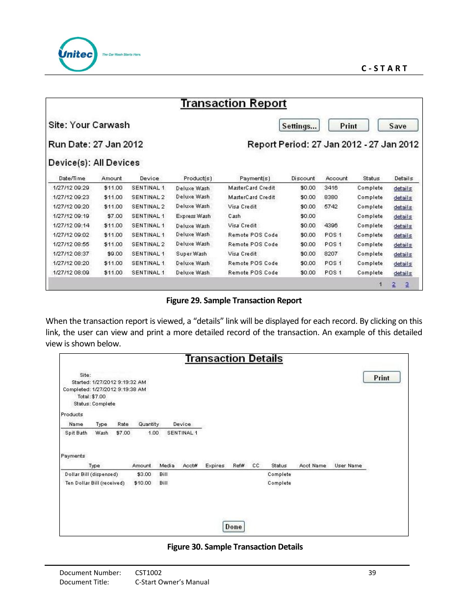 Figure 29. sample transaction report, Figure 30. sample transaction details | Unitec C-Start Owner’s Manual User Manual | Page 47 / 68