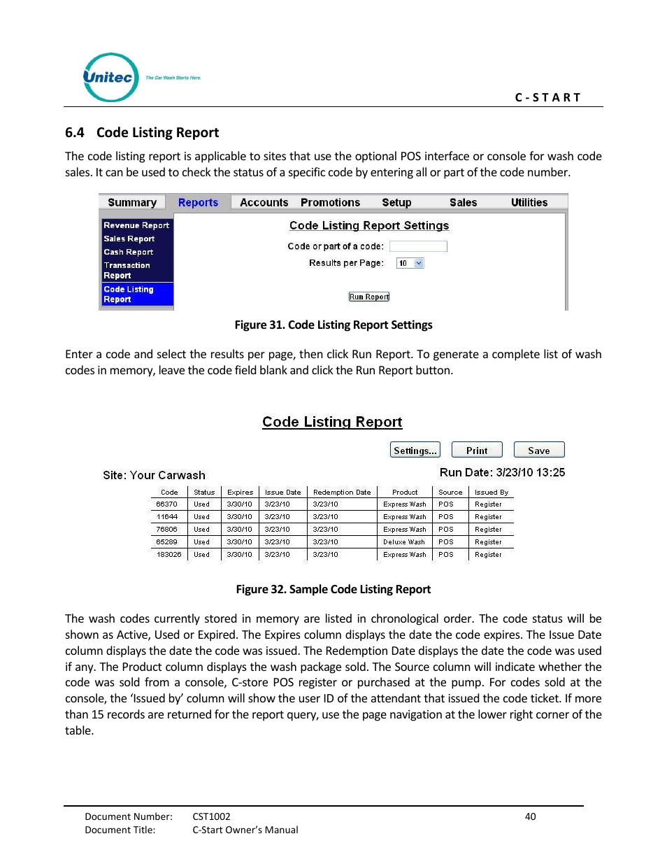 Code listing report, Figure 31. code listing report settings, Figure 32. sample code listing report | 4 code listing report | Unitec C-Start Owner’s Manual User Manual | Page 48 / 68