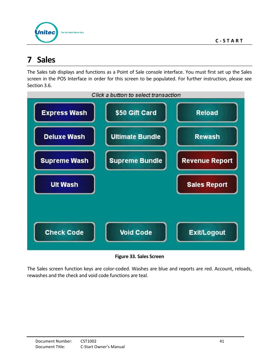 Sales, Figure 33. sales screen, 7 sales | Unitec C-Start Owner’s Manual User Manual | Page 49 / 68