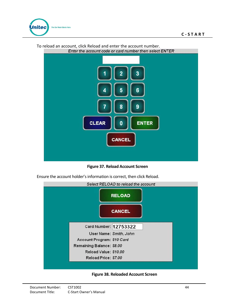 Figure 37. reload account screen, Figure 38. reloaded account screen | Unitec C-Start Owner’s Manual User Manual | Page 52 / 68