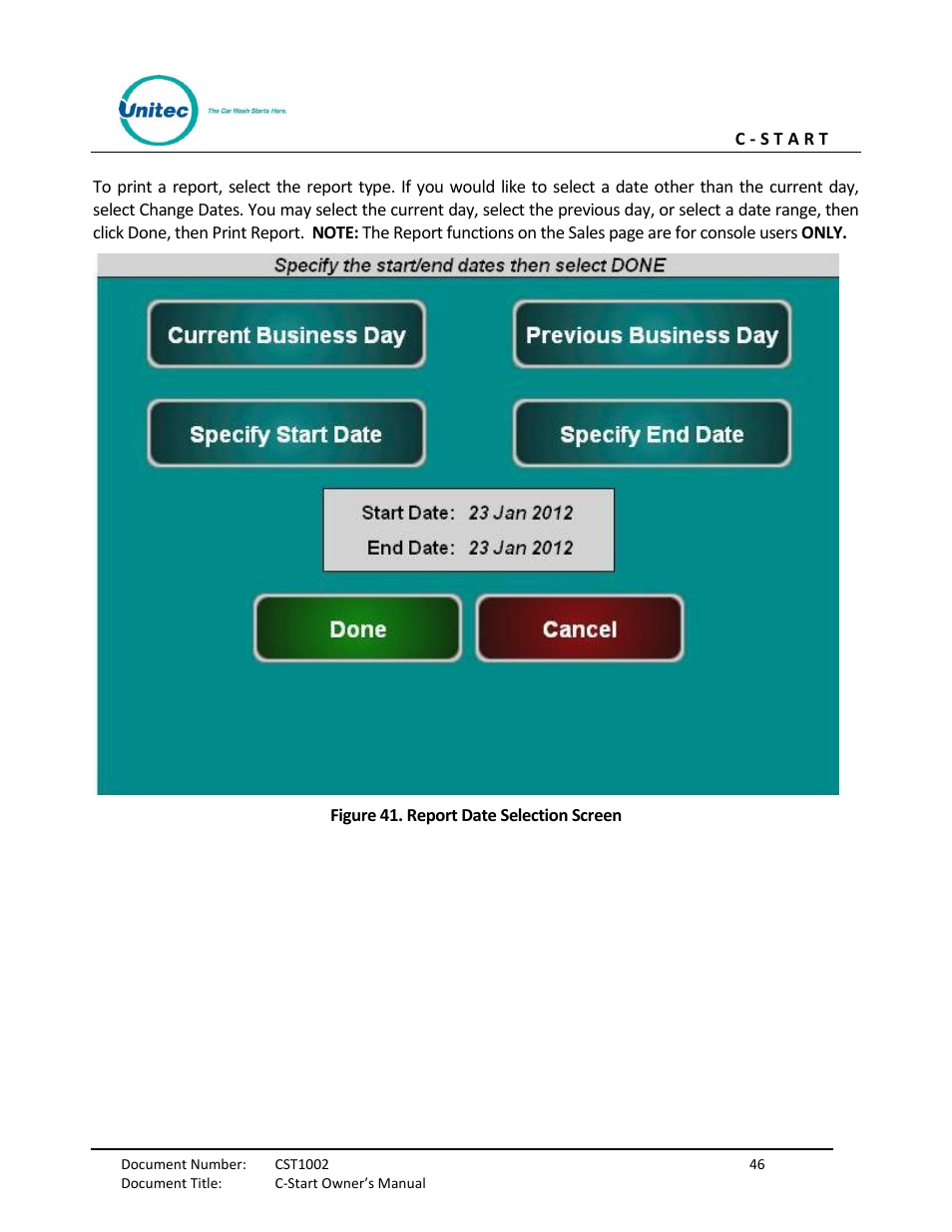 Figure 41. report date selection screen | Unitec C-Start Owner’s Manual User Manual | Page 54 / 68