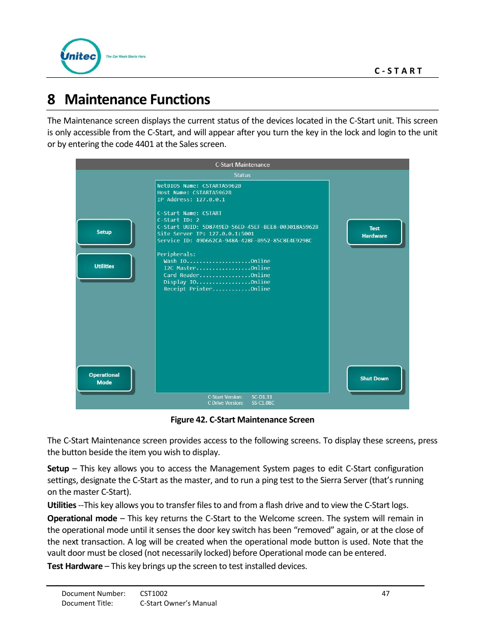 Maintenance functions, Figure 42. c-start maintenance screen, 8 maintenance functions | Unitec C-Start Owner’s Manual User Manual | Page 55 / 68