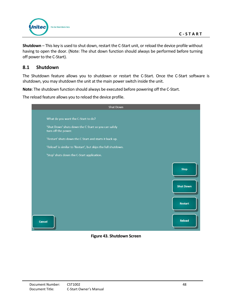 Shutdown, Figure 43. shutdown screen, 1 shutdown | Unitec C-Start Owner’s Manual User Manual | Page 56 / 68