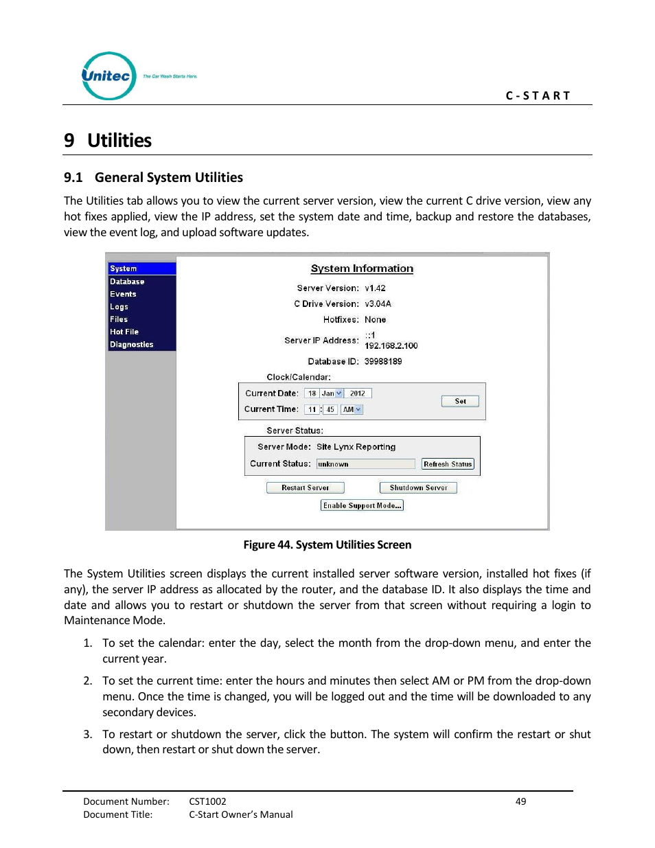 Utilities, General system utilities, Figure 44. system utilities screen | 9 utilities | Unitec C-Start Owner’s Manual User Manual | Page 57 / 68
