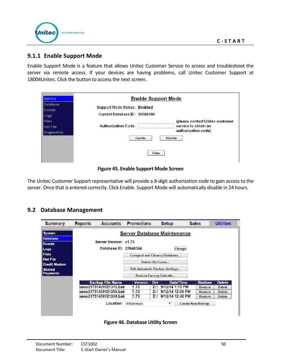 Enable support mode, Database management, Figure 45. enable support mode screen | Figure 46. database utility screen, 1 enable support mode, 2 database management | Unitec C-Start Owner’s Manual User Manual | Page 58 / 68