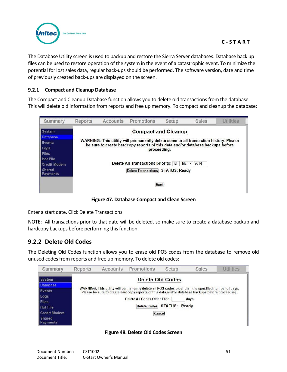 Compact and cleanup database, Delete old codes, Figure 47. database compact and clean screen | Figure 48. delete old codes screen, 2 delete old codes | Unitec C-Start Owner’s Manual User Manual | Page 59 / 68