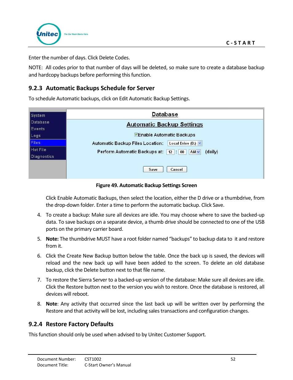 Automatic backups schedule for server, Restore factory defaults, Figure 49. automatic backup settings screen | 3 automatic backups schedule for server, 4 restore factory defaults | Unitec C-Start Owner’s Manual User Manual | Page 60 / 68