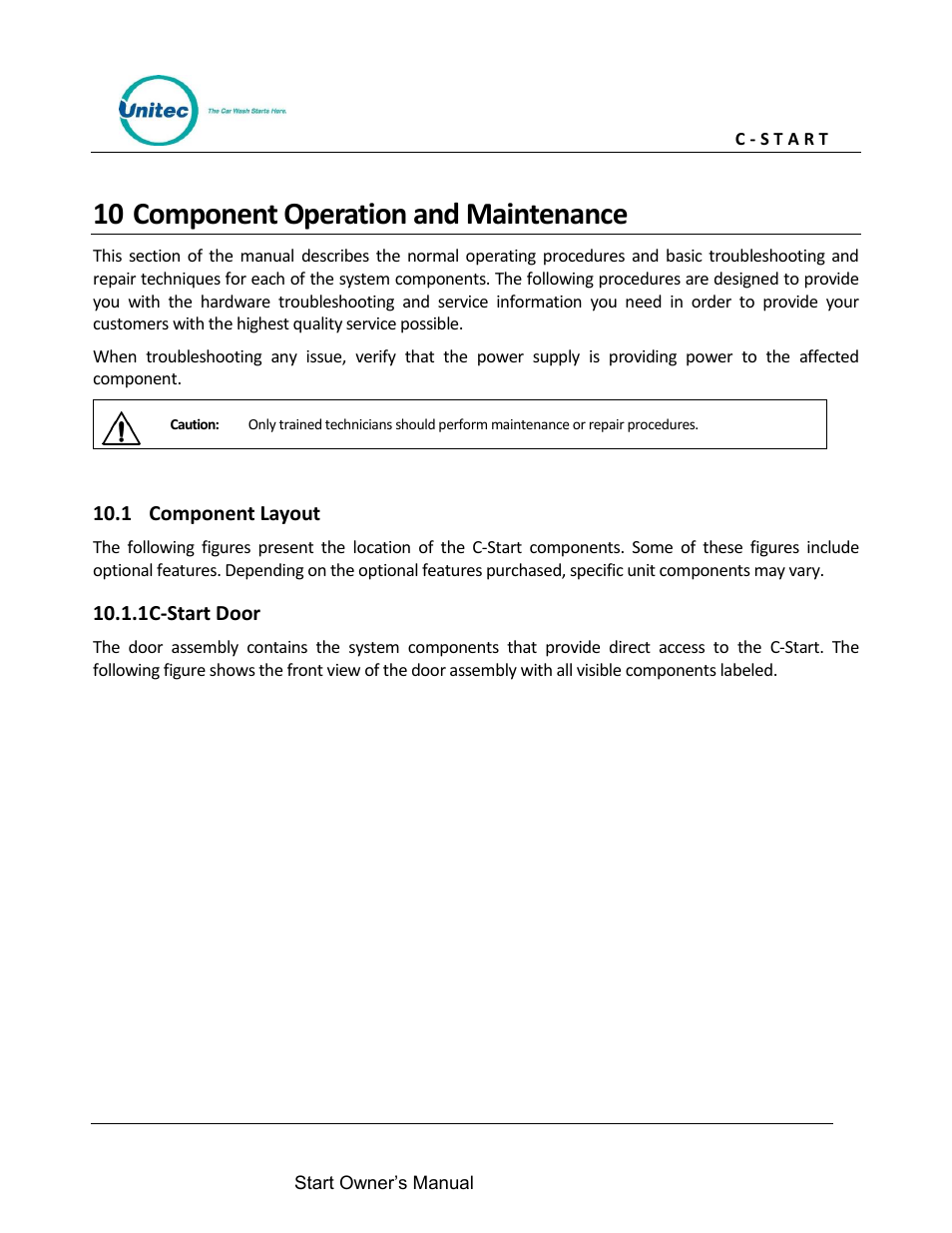 Component operation and maintenance, Component layout, C-start door | 10 component operation and maintenance | Unitec C-Start Owner’s Manual User Manual | Page 61 / 68