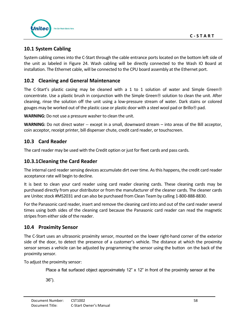 System cabling, Cleaning and general maintenance, Card reader | Cleaning the card reader, Proximity sensor | Unitec C-Start Owner’s Manual User Manual | Page 66 / 68