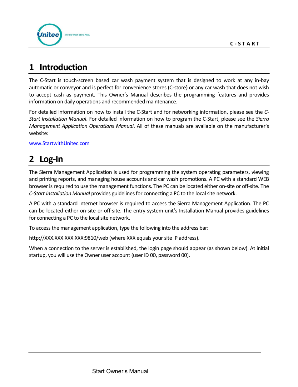 Introduction, Log-in, 1 introduction | 2 log-in | Unitec C-Start Owner’s Manual User Manual | Page 9 / 68