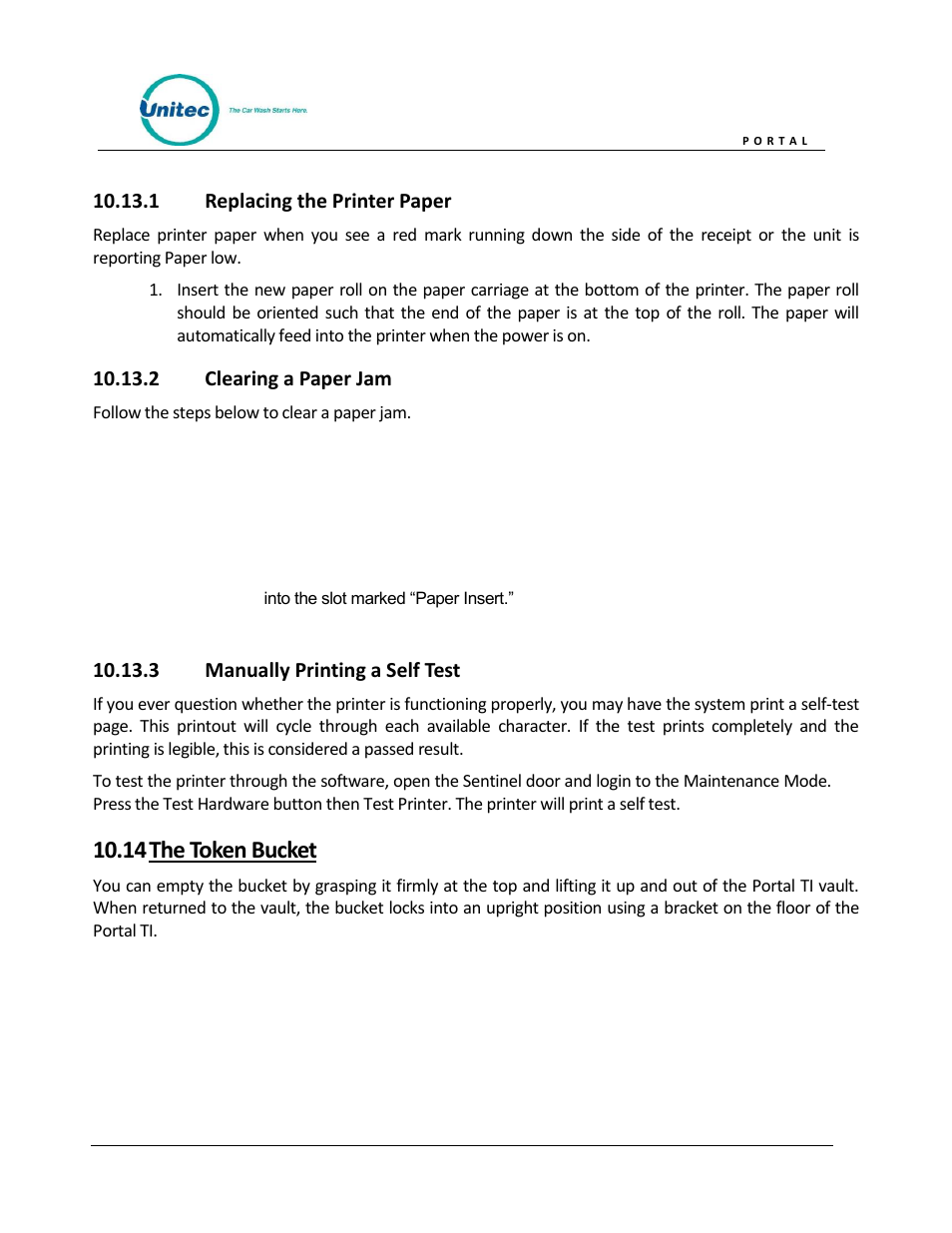 Replacing the printer paper, Clearing a paper jam, Manually printing a self test | The token bucket, 14 the token bucket | Unitec Portal Owner’s Manual User Manual | Page 101 / 105