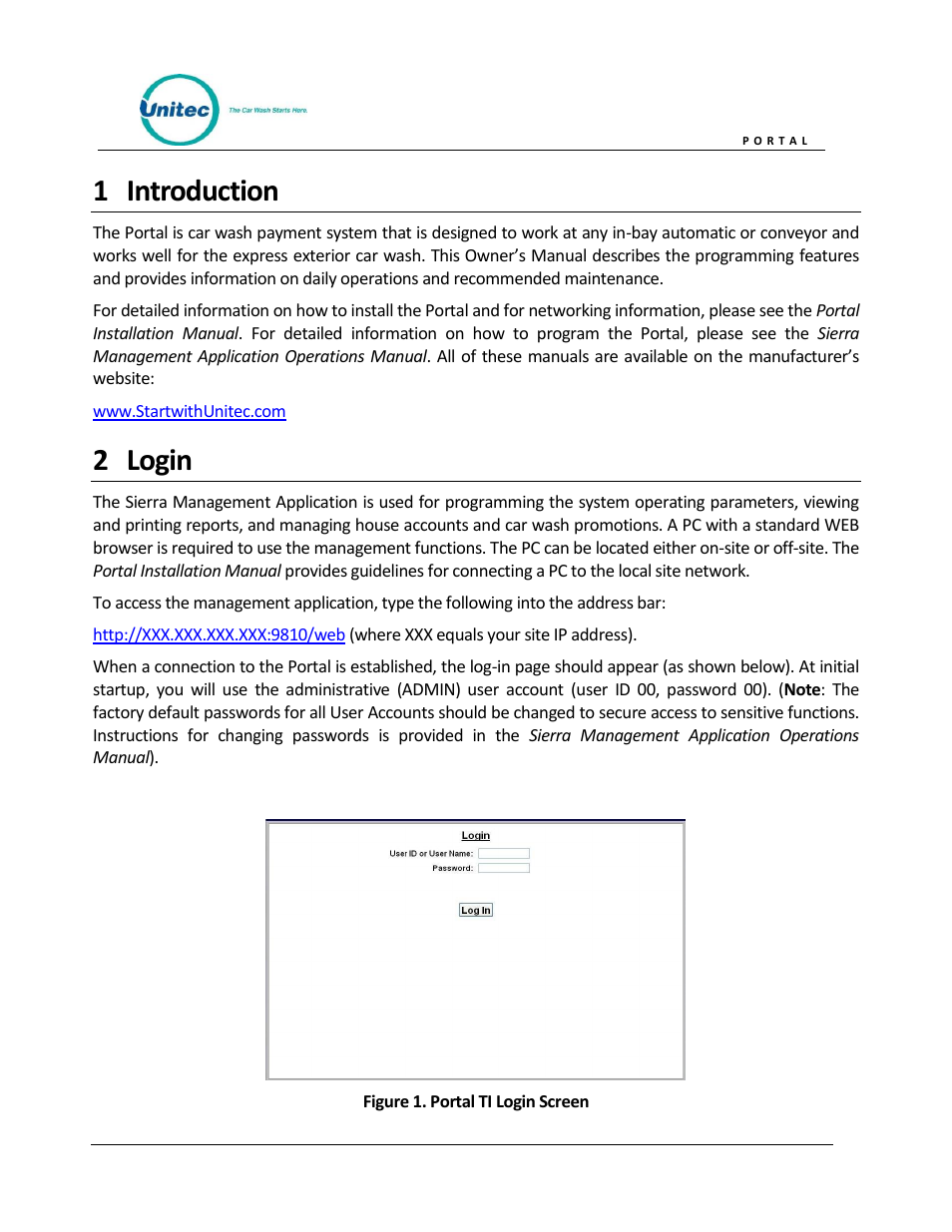 Introduction, Login, Figure 1. portal ti login screen | 1 introduction, 2 login | Unitec Portal Owner’s Manual User Manual | Page 11 / 105