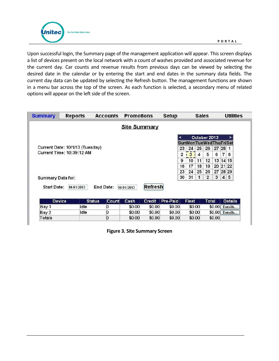 Figure 3. site summary screen | Unitec Portal Owner’s Manual User Manual | Page 14 / 105