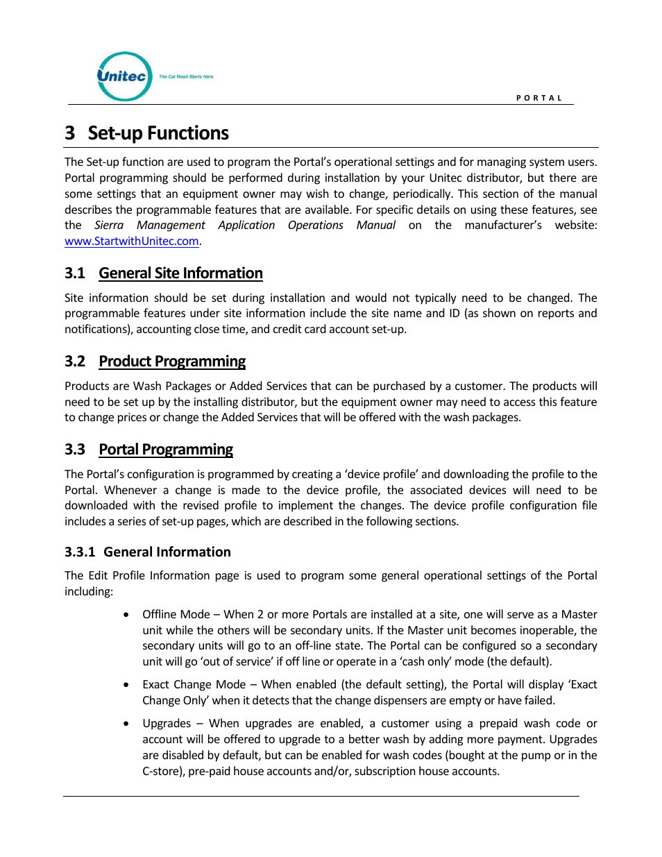 Set-up functions, General site information, Product programming | Portal programming, General information, 3 set-up functions, 1 general site information, 2 product programming, 3 portal programming | Unitec Portal Owner’s Manual User Manual | Page 15 / 105