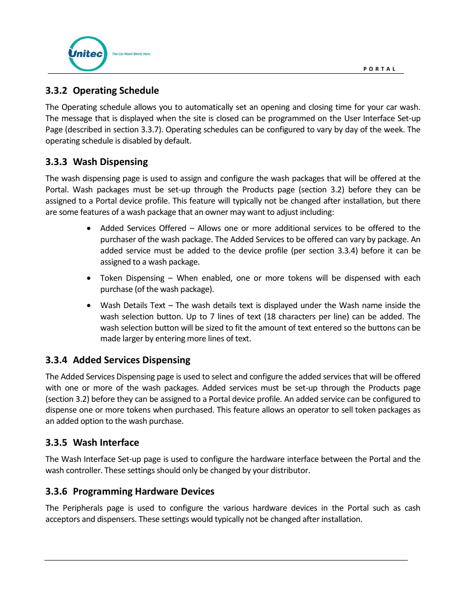 Operating schedule, Wash dispensing, Added services dispensing | Wash interface, Programming hardware devices | Unitec Portal Owner’s Manual User Manual | Page 16 / 105