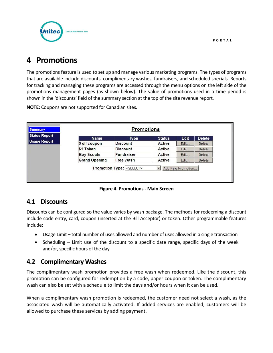 Promotions, Discounts, Complimentary washes | Figure 4. promotions - main screen, 4 promotions, 1 discounts, 2 complimentary washes | Unitec Portal Owner’s Manual User Manual | Page 19 / 105