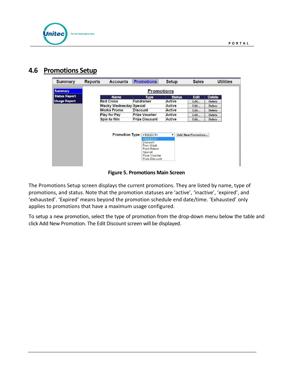 Promotions setup, Figure 5. promotions main screen, 6 promotions setup | Unitec Portal Owner’s Manual User Manual | Page 21 / 105