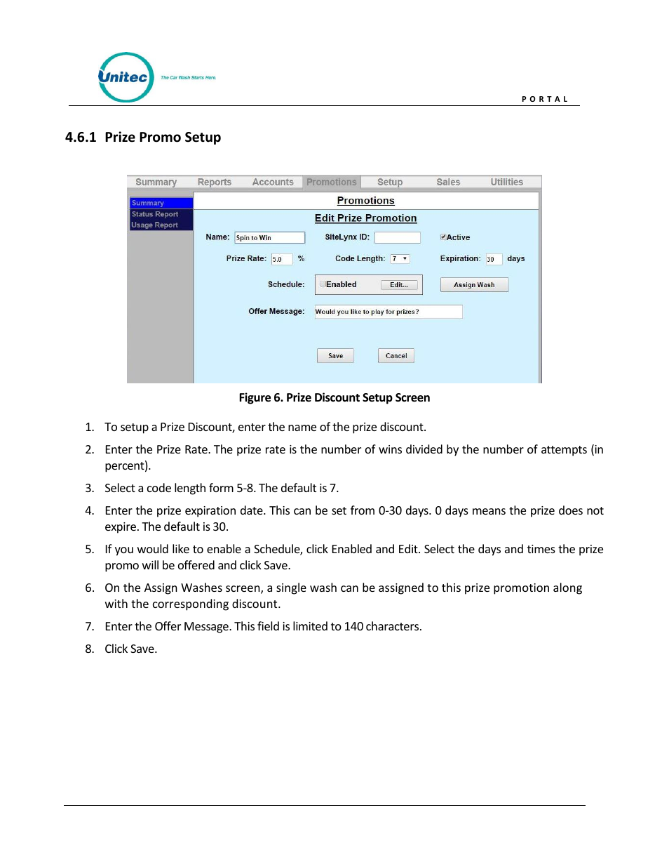 Prize promo setup, Figure 6. prize discount setup screen | Unitec Portal Owner’s Manual User Manual | Page 22 / 105