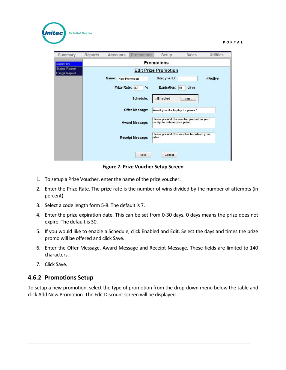 Promotions setup, Figure 7. prize voucher setup screen | Unitec Portal Owner’s Manual User Manual | Page 23 / 105