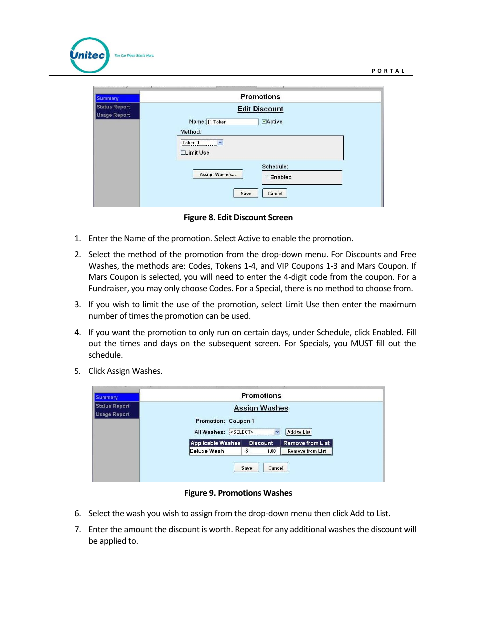 Figure 8. edit discount screen, Figure 9. promotions washes | Unitec Portal Owner’s Manual User Manual | Page 24 / 105