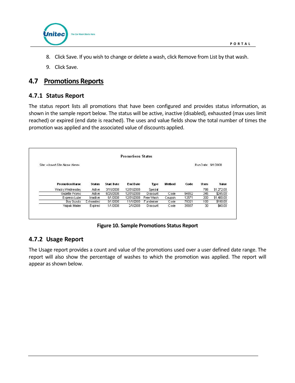 Promotions reports, Status report, Usage report | Figure 10. sample promotions status report, 7 promotions reports | Unitec Portal Owner’s Manual User Manual | Page 25 / 105