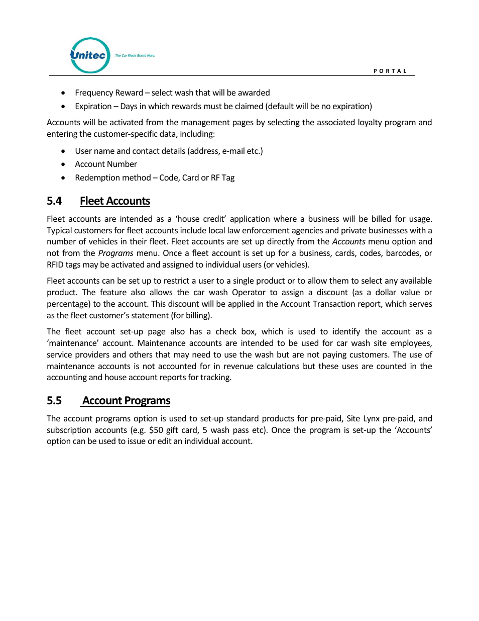 Fleet accounts, Account programs, 4 fleet accounts | 5 account programs | Unitec Portal Owner’s Manual User Manual | Page 28 / 105