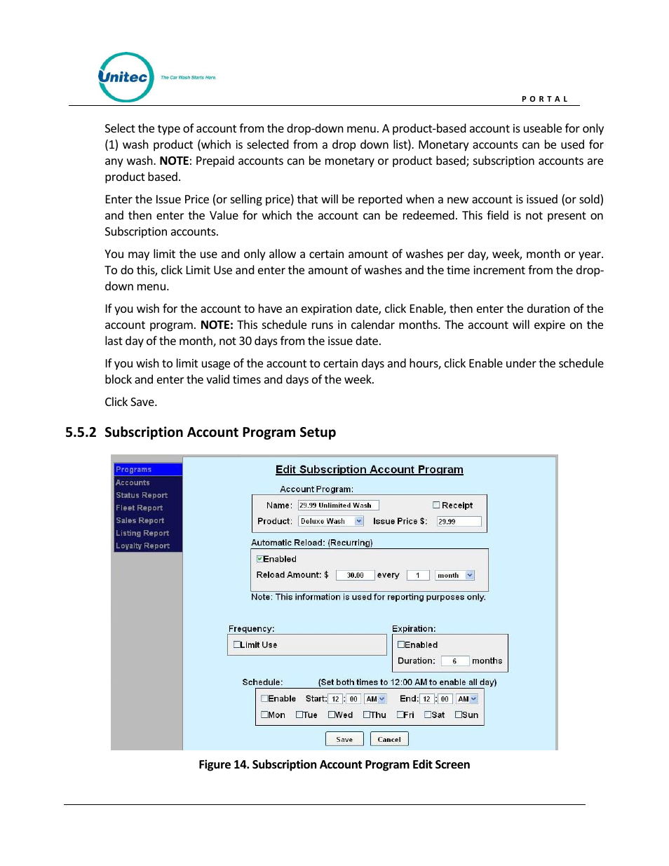 Subscription account program setup, 2 subscription account program setup | Unitec Portal Owner’s Manual User Manual | Page 30 / 105