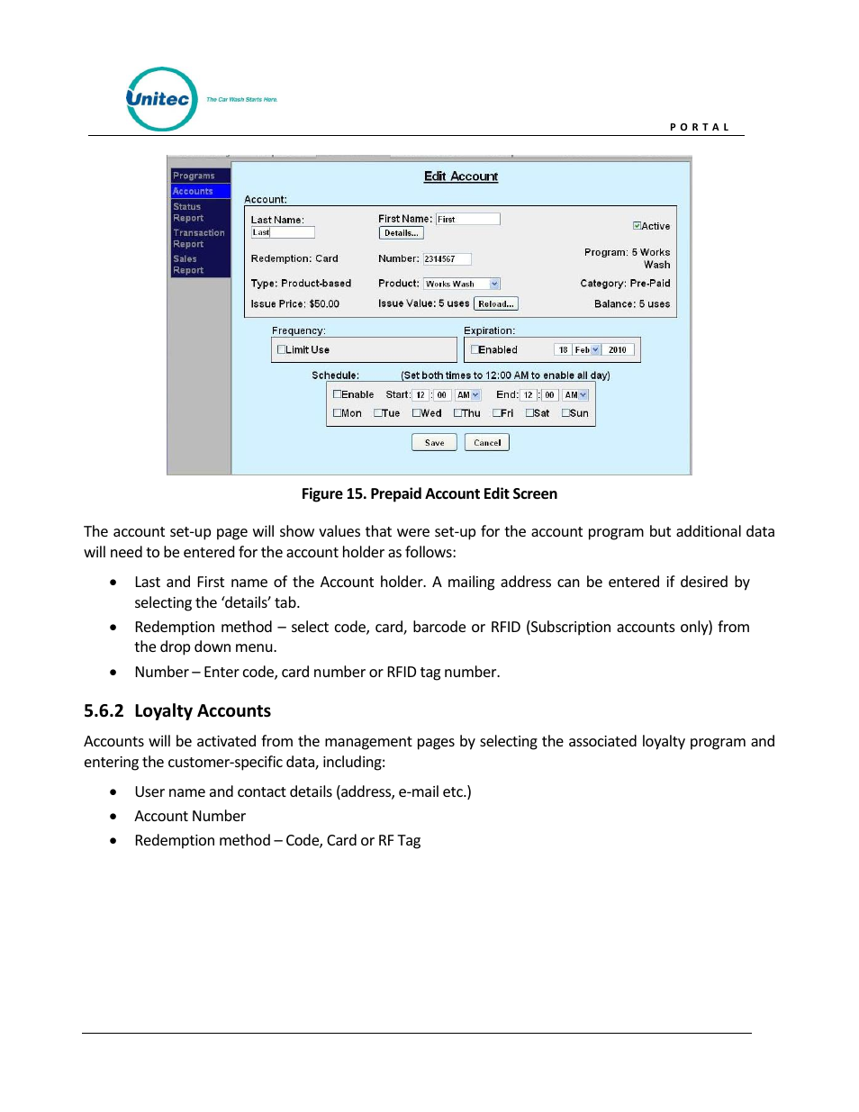 Loyalty accounts, Figure 15. prepaid account edit screen | Unitec Portal Owner’s Manual User Manual | Page 32 / 105