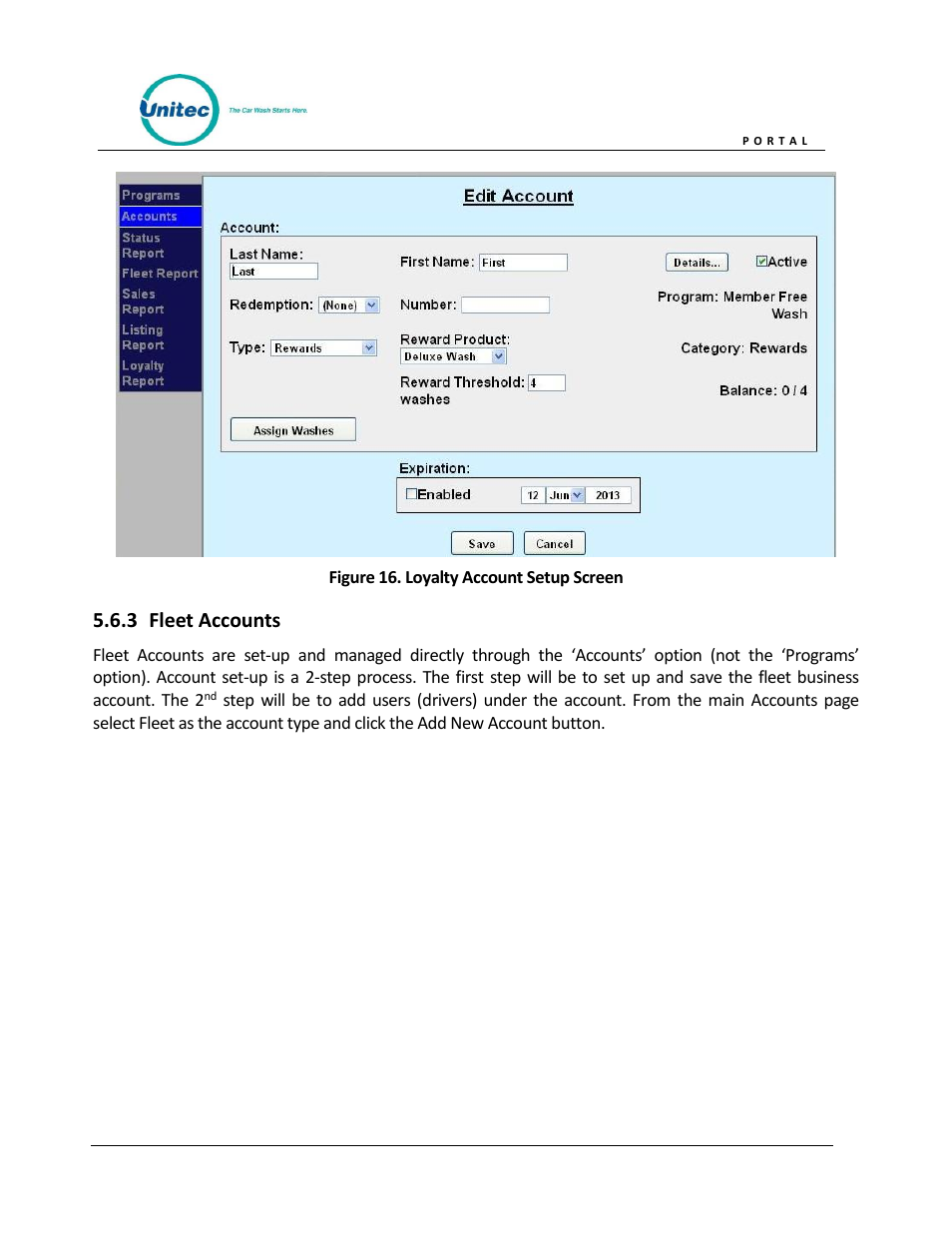 Fleet accounts, Figure 16. loyalty account setup screen | Unitec Portal Owner’s Manual User Manual | Page 33 / 105