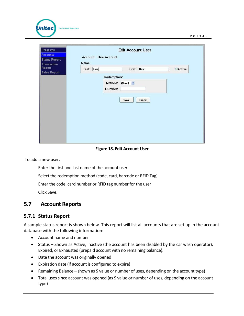 Account reports, Status report, Figure 18. edit account user | 7 account reports | Unitec Portal Owner’s Manual User Manual | Page 35 / 105