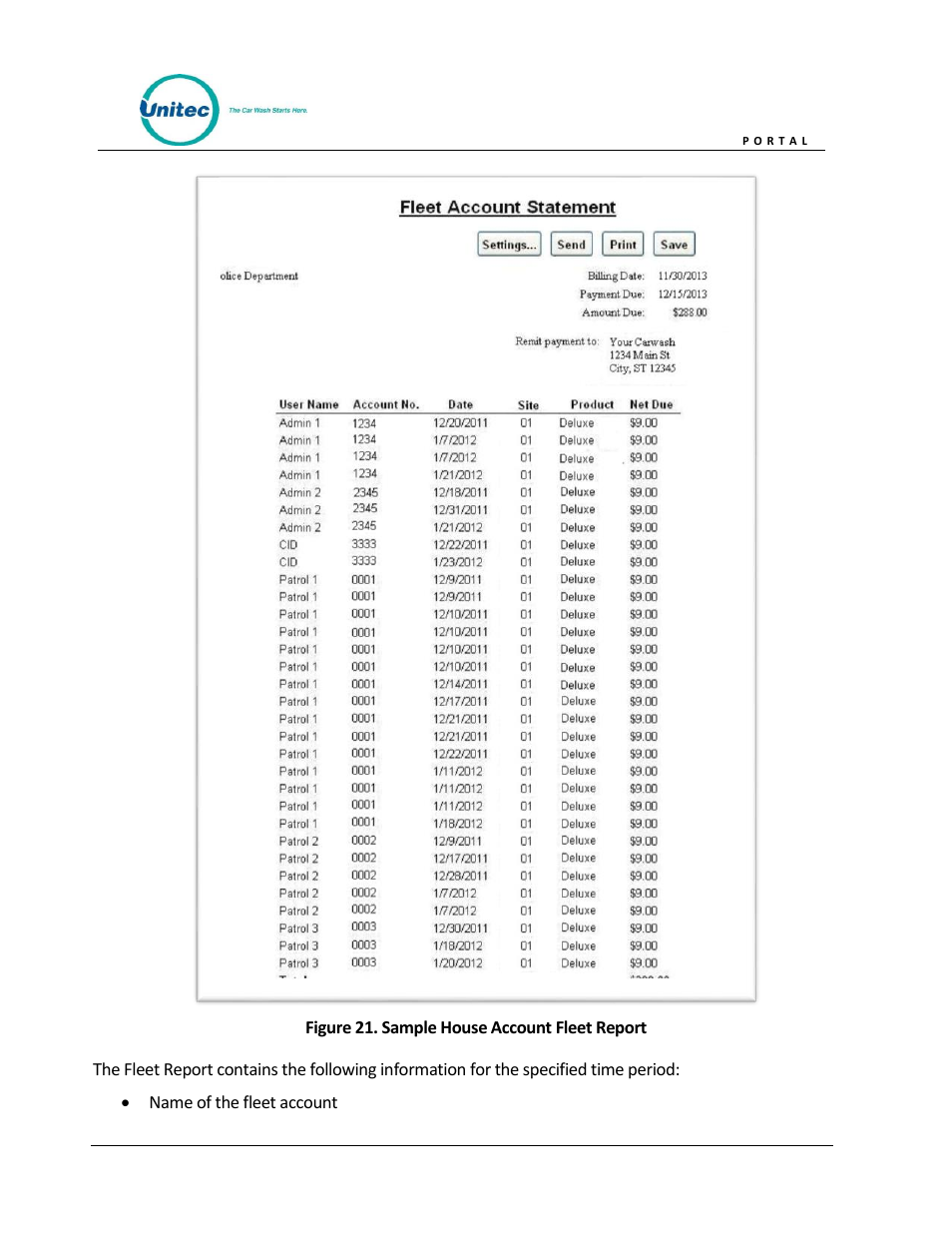 Figure 21. sample house account fleet report | Unitec Portal Owner’s Manual User Manual | Page 38 / 105