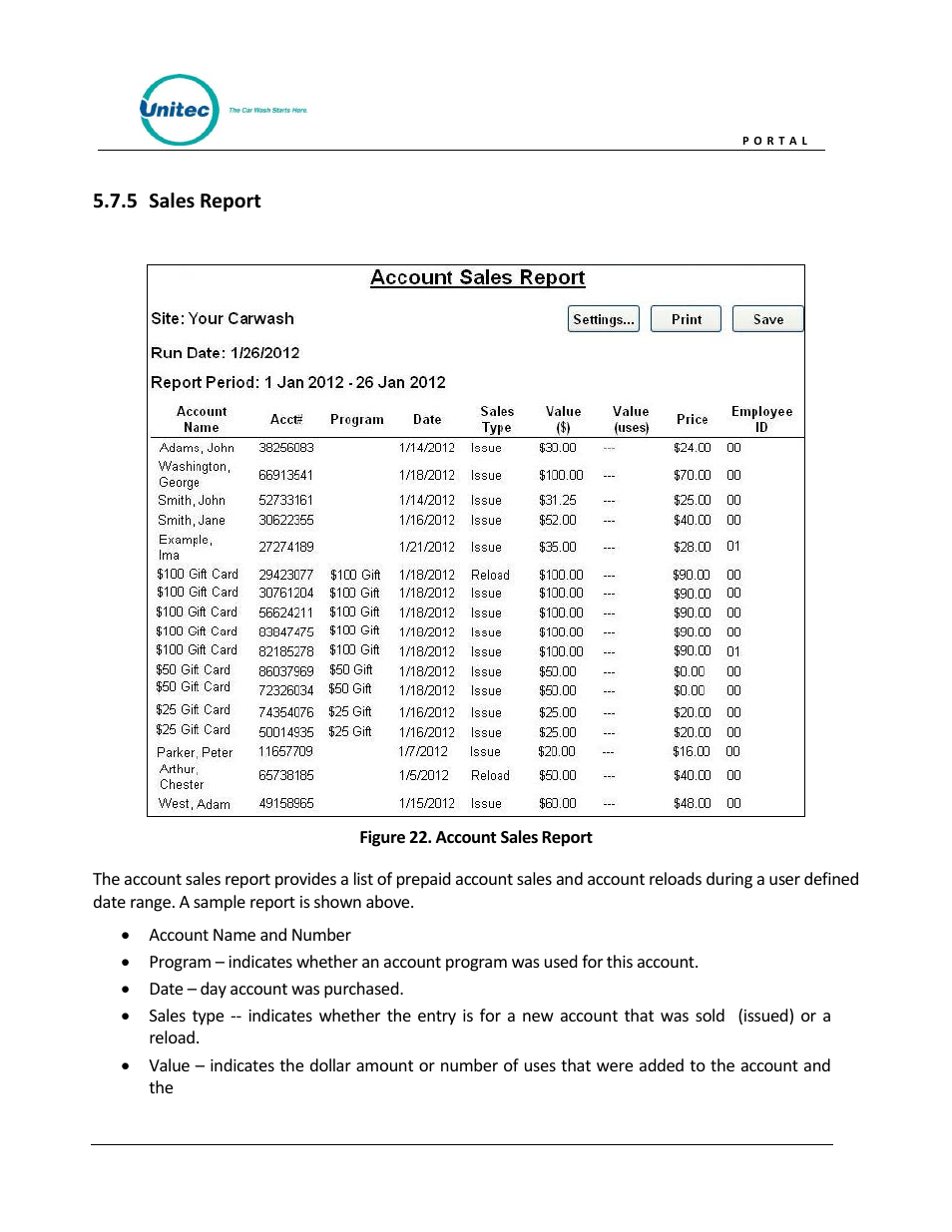 Sales report, Figure 22. account sales report | Unitec Portal Owner’s Manual User Manual | Page 40 / 105
