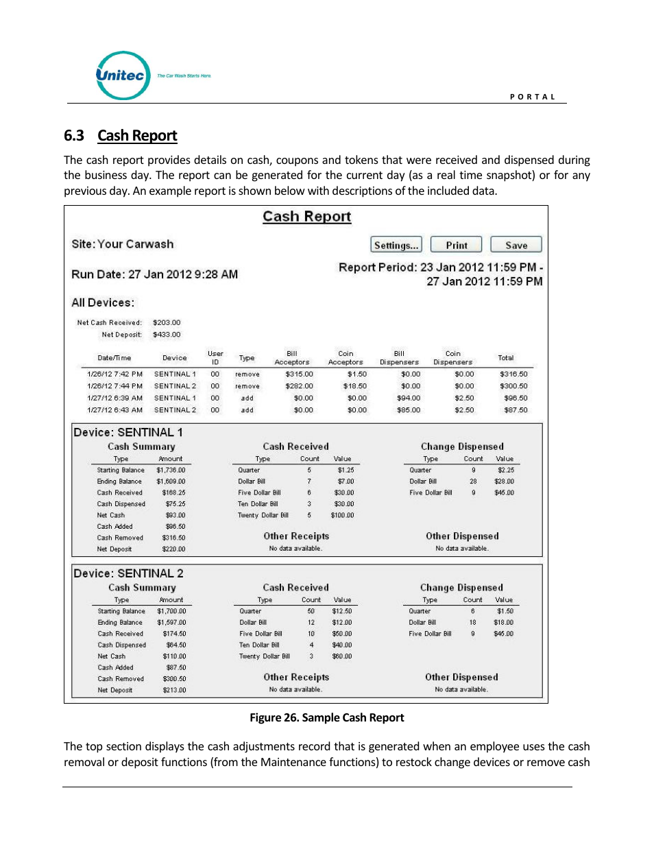 Cash report, Figure 26. sample cash report, 3 cash report | Unitec Portal Owner’s Manual User Manual | Page 47 / 105