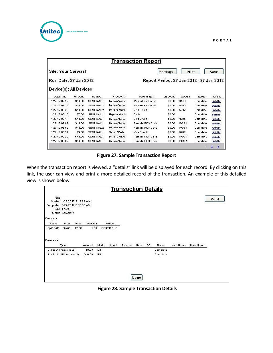 Figure 27. sample transaction report, Figure 28. sample transaction details | Unitec Portal Owner’s Manual User Manual | Page 49 / 105