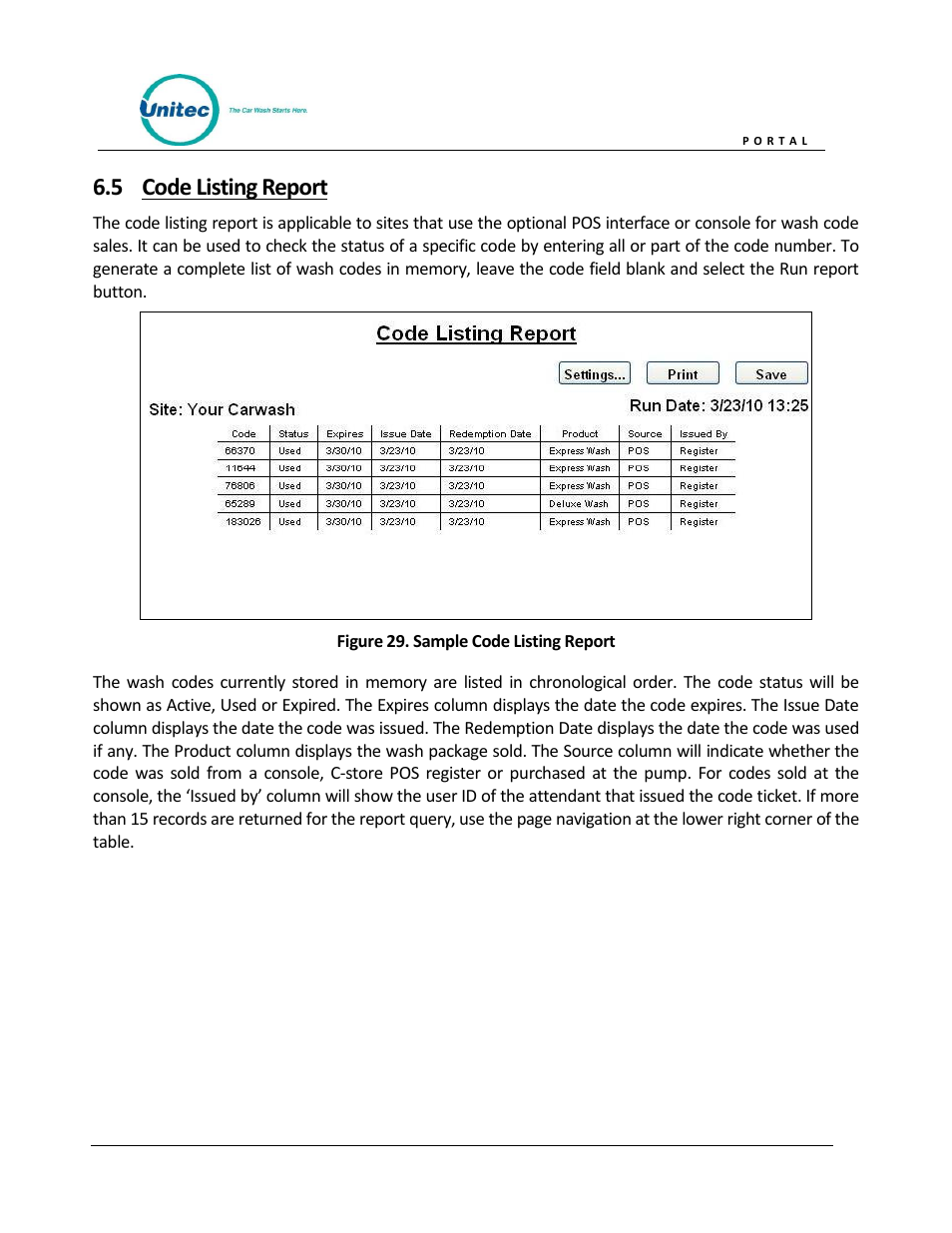 Code listing report, Figure 29. sample code listing report, 5 code listing report | Unitec Portal Owner’s Manual User Manual | Page 50 / 105