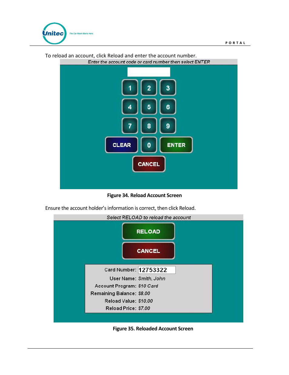 Figure 34. reload account screen, Figure 35. reloaded account screen | Unitec Portal Owner’s Manual User Manual | Page 54 / 105