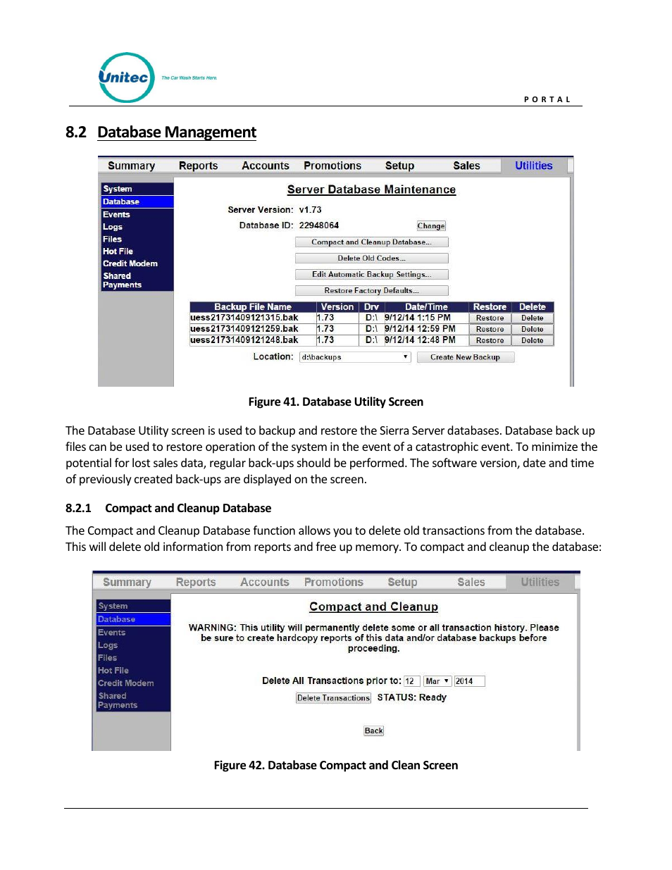 Database management, Compact and cleanup database, Figure 41. database utility screen | Figure 42. database compact and clean screen, 2 database management | Unitec Portal Owner’s Manual User Manual | Page 59 / 105