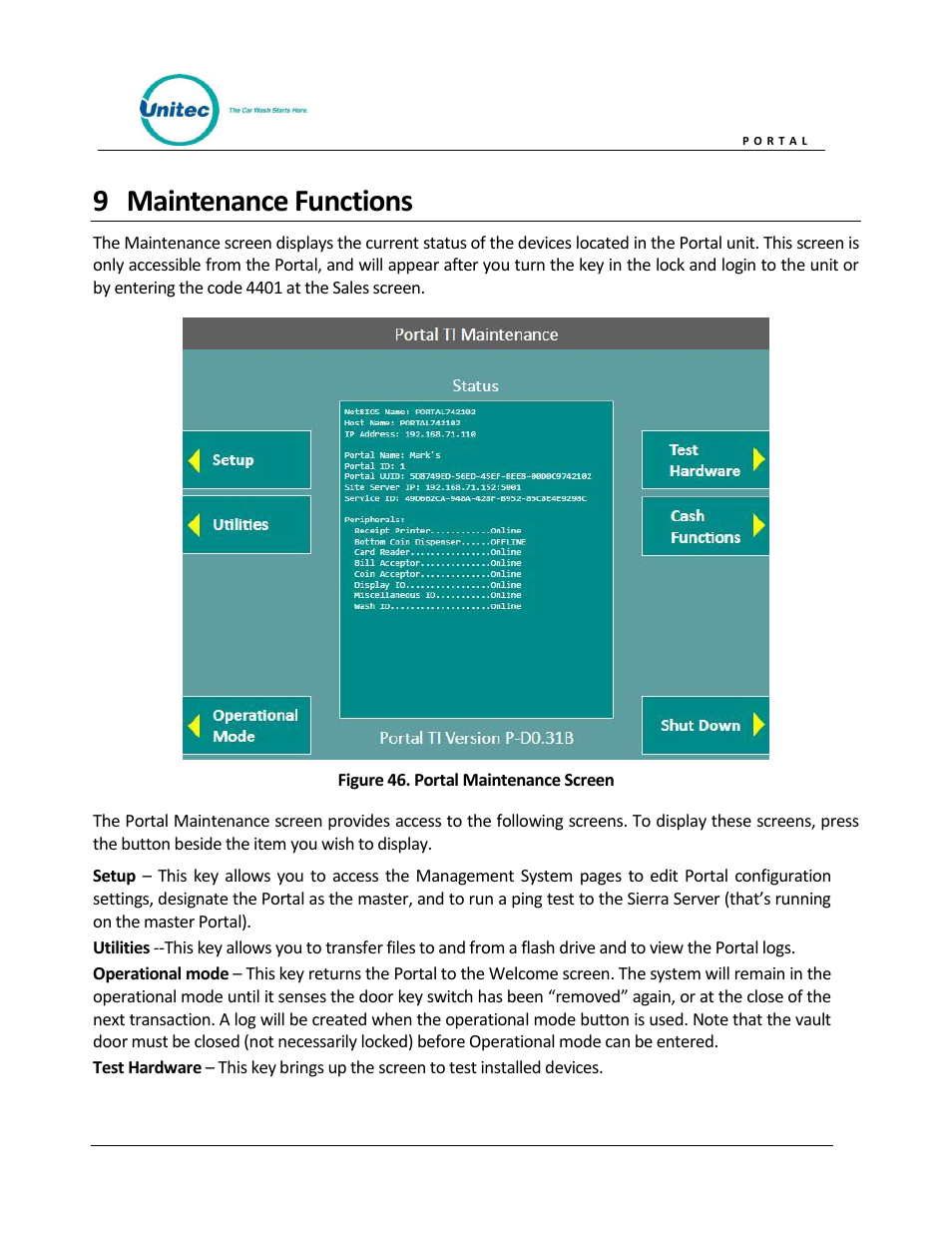 Maintenance functions, Figure 46. portal maintenance screen, 9 maintenance functions | Unitec Portal Owner’s Manual User Manual | Page 63 / 105