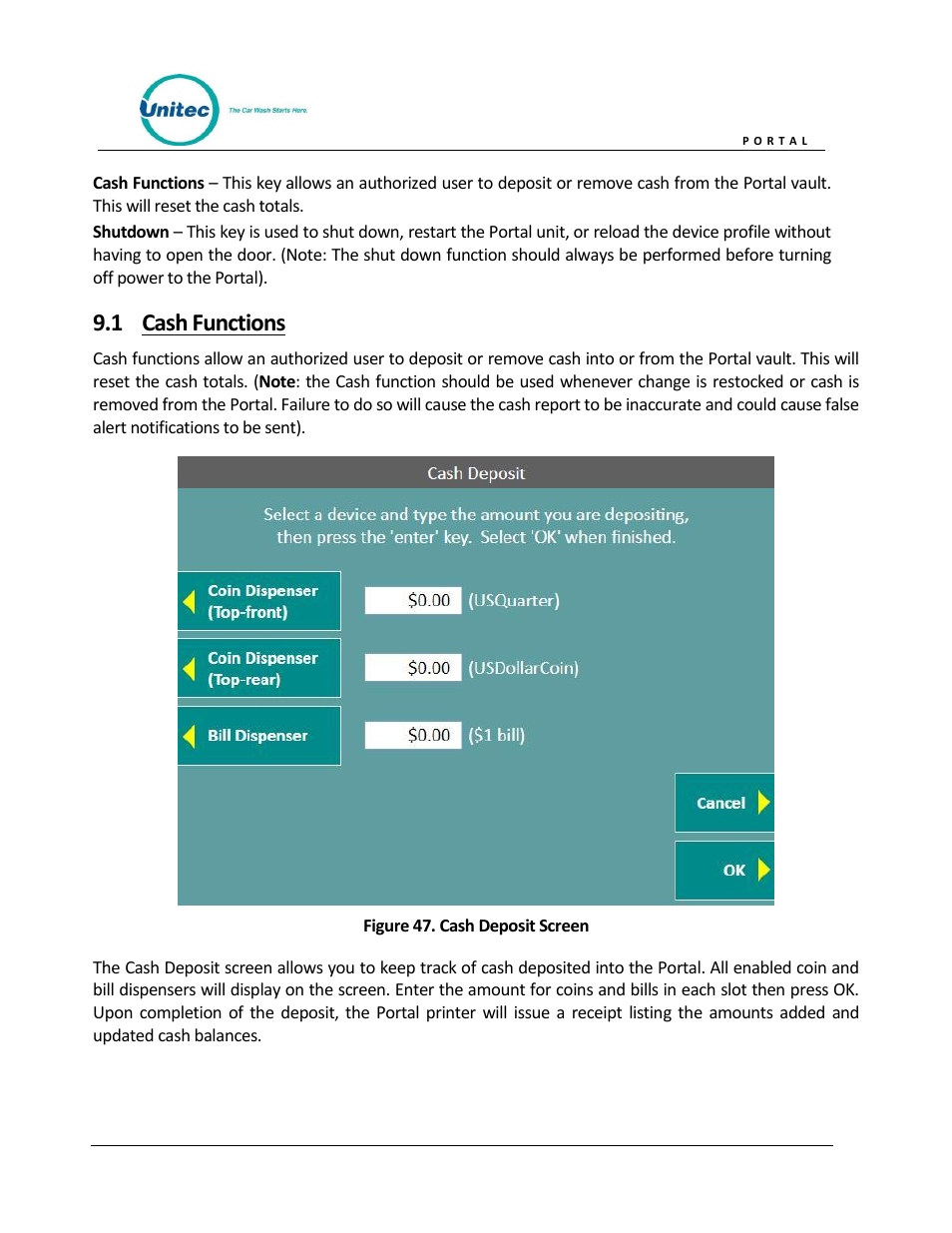 Cash functions, Figure 47. cash deposit screen, 1 cash functions | Unitec Portal Owner’s Manual User Manual | Page 64 / 105