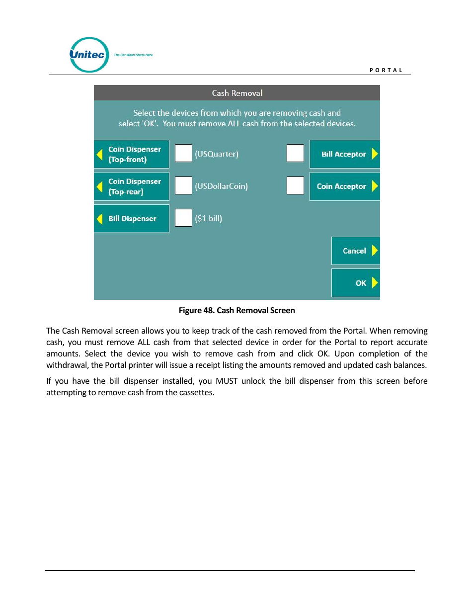 Figure 48. cash removal screen | Unitec Portal Owner’s Manual User Manual | Page 65 / 105