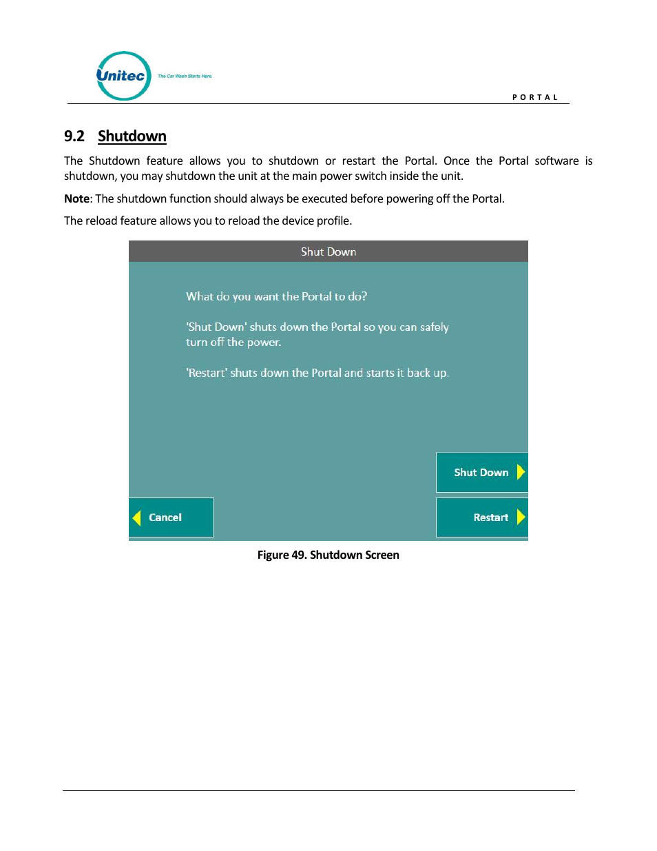 Shutdown, Figure 49. shutdown screen, 2 shutdown | Unitec Portal Owner’s Manual User Manual | Page 66 / 105