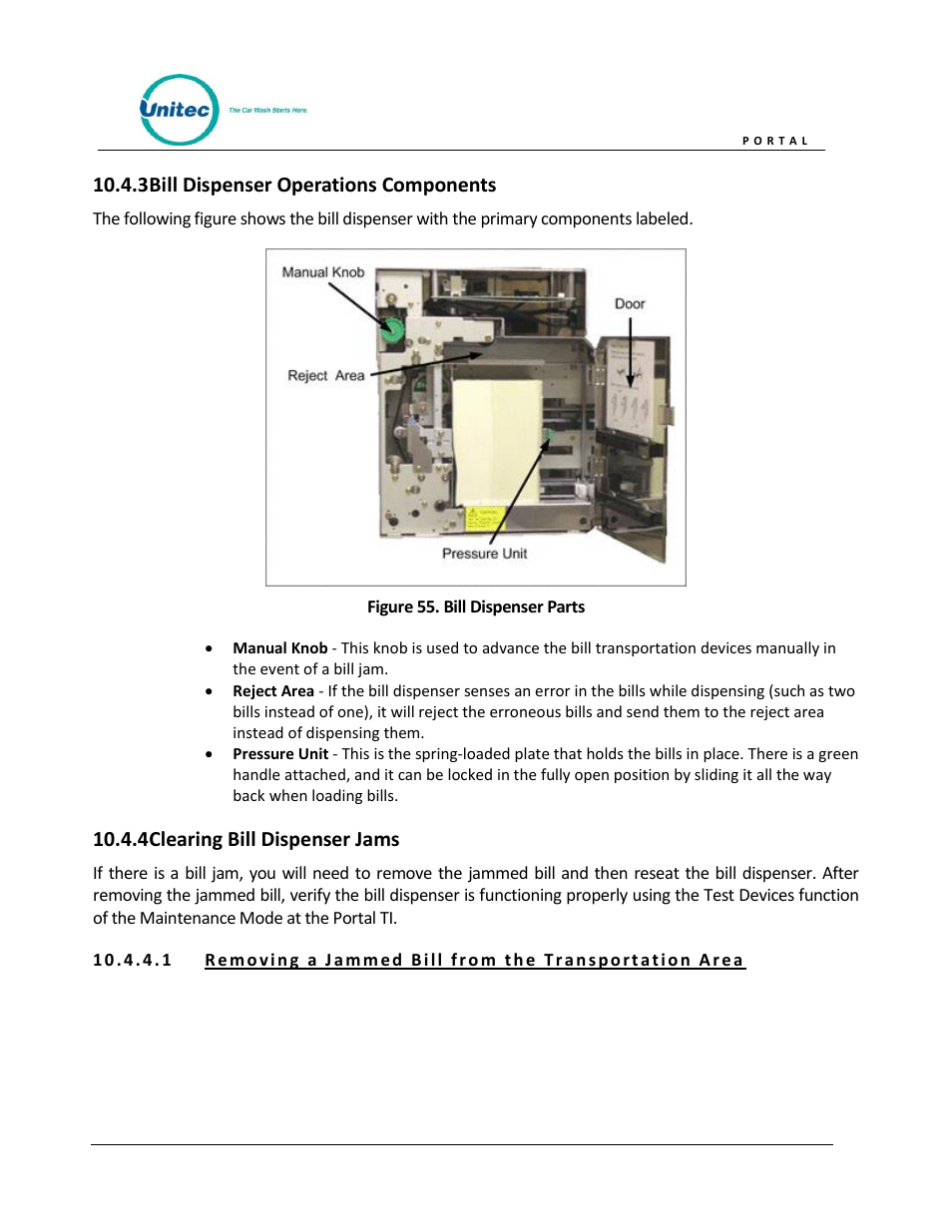 Bill dispenser operations components, Clearing bill dispenser jams, Figure 55. bill dispenser parts | 3 bill dispenser operations components, 4 clearing bill dispenser jams | Unitec Portal Owner’s Manual User Manual | Page 74 / 105