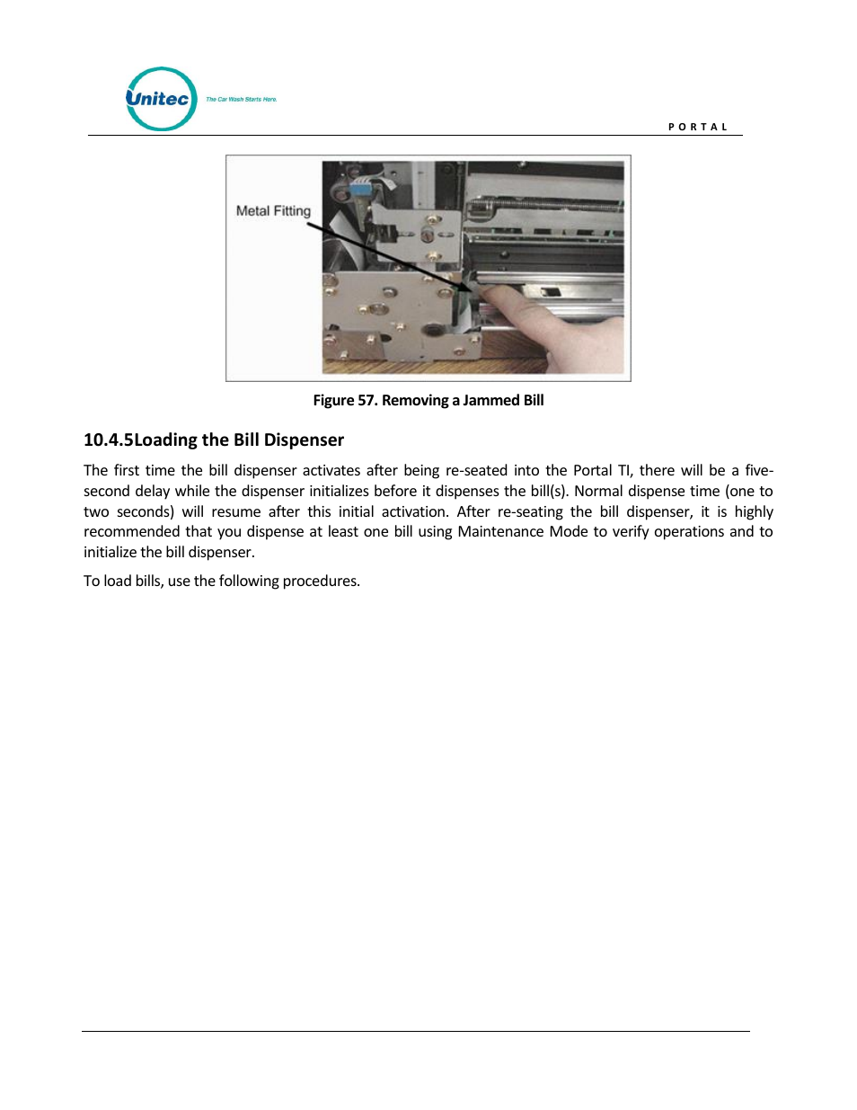 Loading the bill dispenser, Figure 57. removing a jammed bill, 5 loading the bill dispenser | Unitec Portal Owner’s Manual User Manual | Page 76 / 105