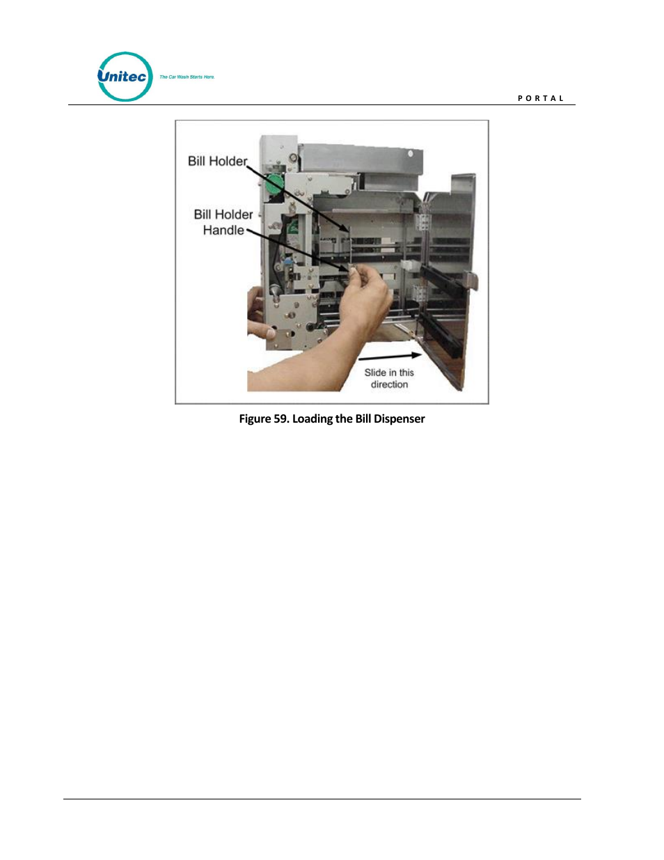 Figure 59. loading the bill dispenser | Unitec Portal Owner’s Manual User Manual | Page 78 / 105