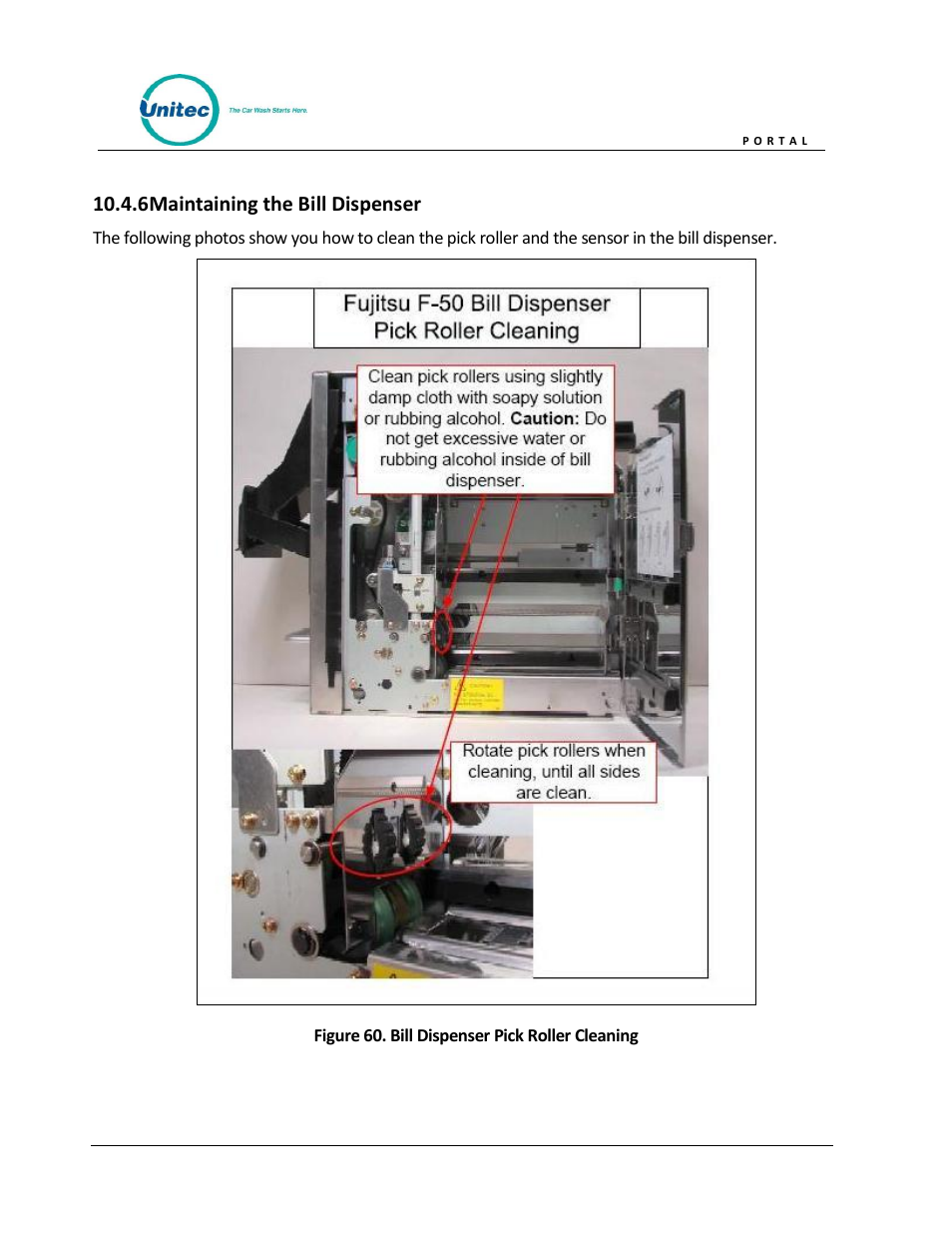 Maintaining the bill dispenser, Figure 60. bill dispenser pick roller cleaning | Unitec Portal Owner’s Manual User Manual | Page 79 / 105