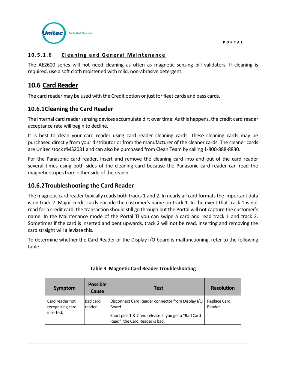 Card reader, Cleaning the card reader, Troubleshooting the card reader | 6 card reader | Unitec Portal Owner’s Manual User Manual | Page 87 / 105