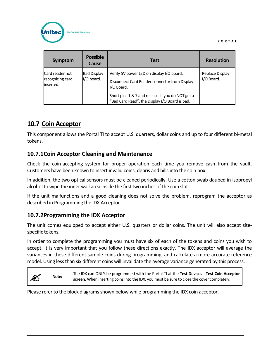 Coin acceptor, Coin acceptor cleaning and maintenance, Programming the idx acceptor | 7 coin acceptor | Unitec Portal Owner’s Manual User Manual | Page 88 / 105