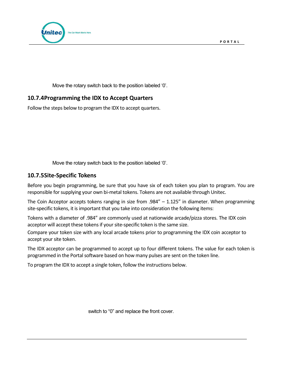 Programming the idx to accept quarters, Site-specific tokens, 4 programming the idx to accept quarters | 5 site-specific tokens | Unitec Portal Owner’s Manual User Manual | Page 90 / 105