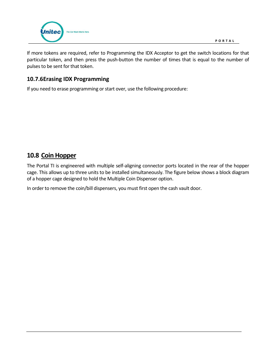 Erasing idx programming, Coin hopper, 8 coin hopper | 6 erasing idx programming | Unitec Portal Owner’s Manual User Manual | Page 91 / 105