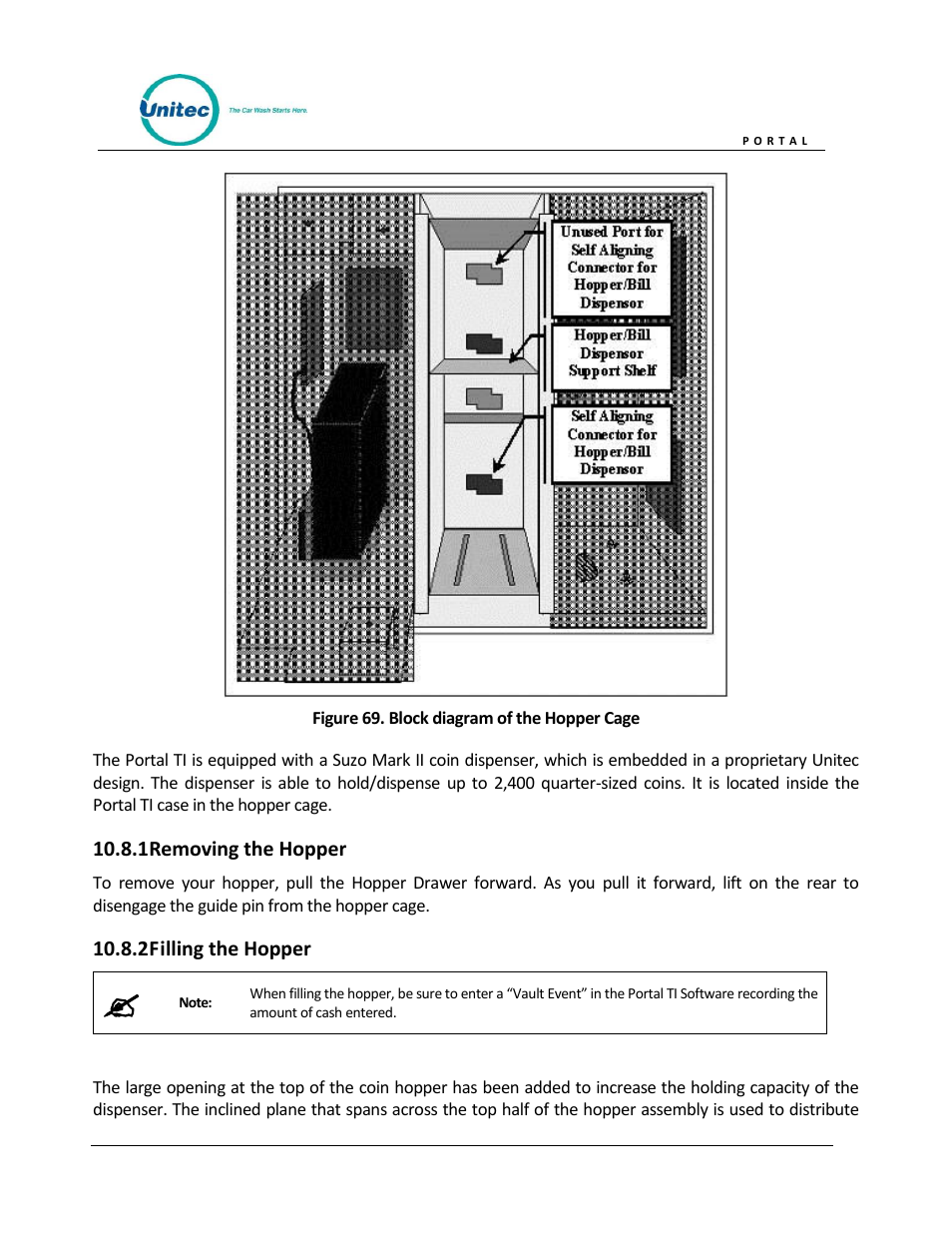 Removing the hopper, Filling the hopper, Figure 69. block diagram of the hopper cage | Unitec Portal Owner’s Manual User Manual | Page 92 / 105